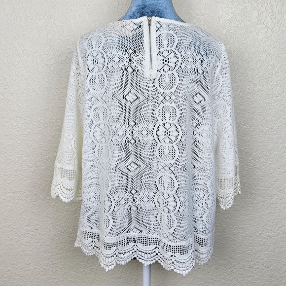 Dantelle Ivory Crocheted Stretch Cotton Lace Scoop Neck 3/4 Sleeve Top - Size PL - Picture 2 of 7